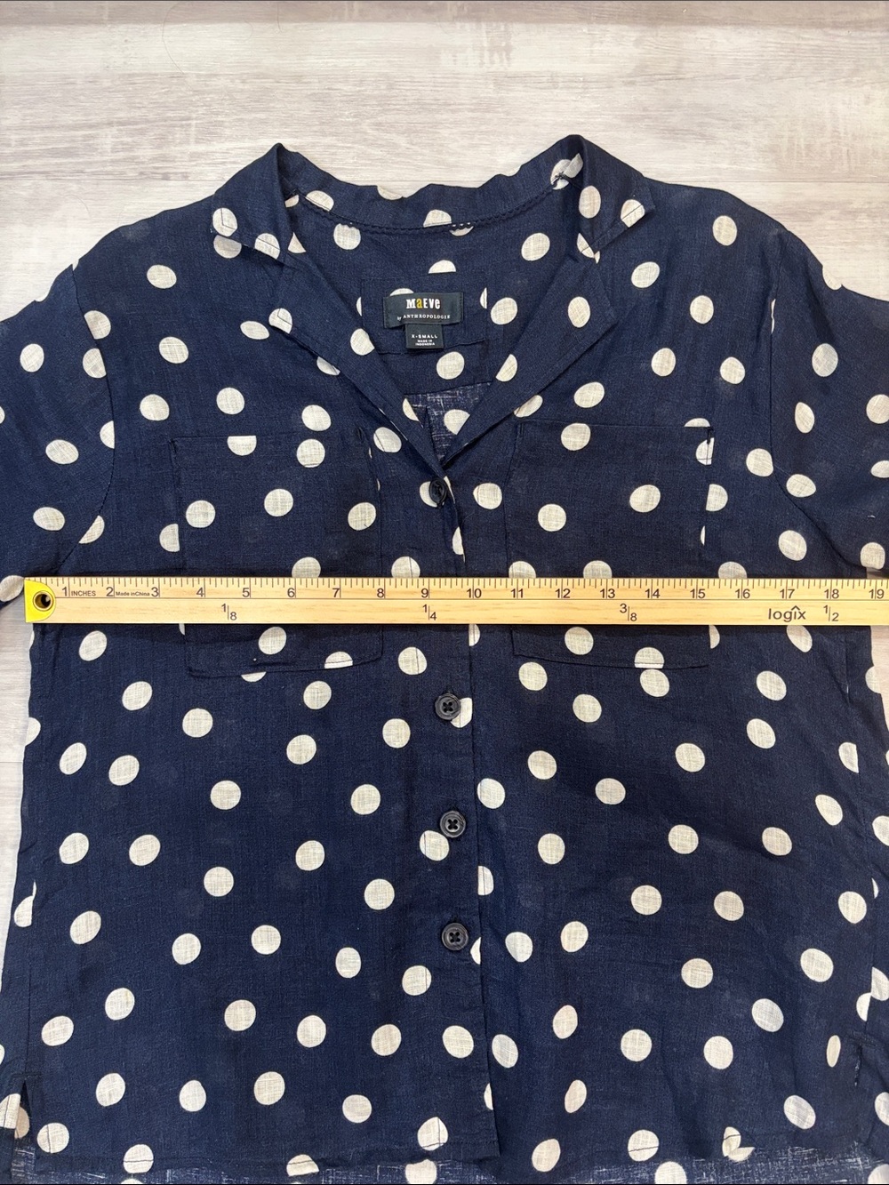 Maeve by Anthropologie Navy and White Polka Dot Button-Down Short Sleeve Shirt - Picture 7 of 7